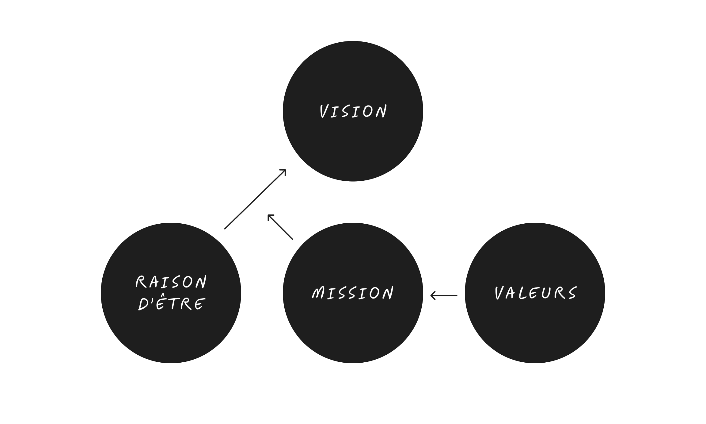 Schéma des 4 piliers de votre coeur de marque : raison d'être, vision, mission, valeurs